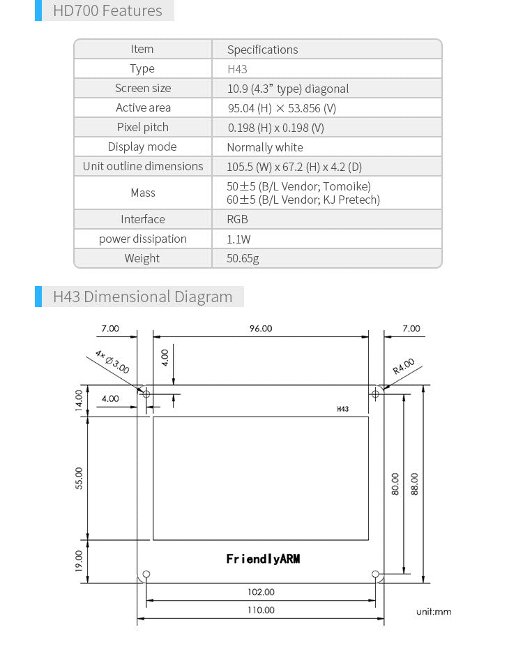 Friendly Elec H43 4.3inch Resistive Touch Screen LCD 480x272