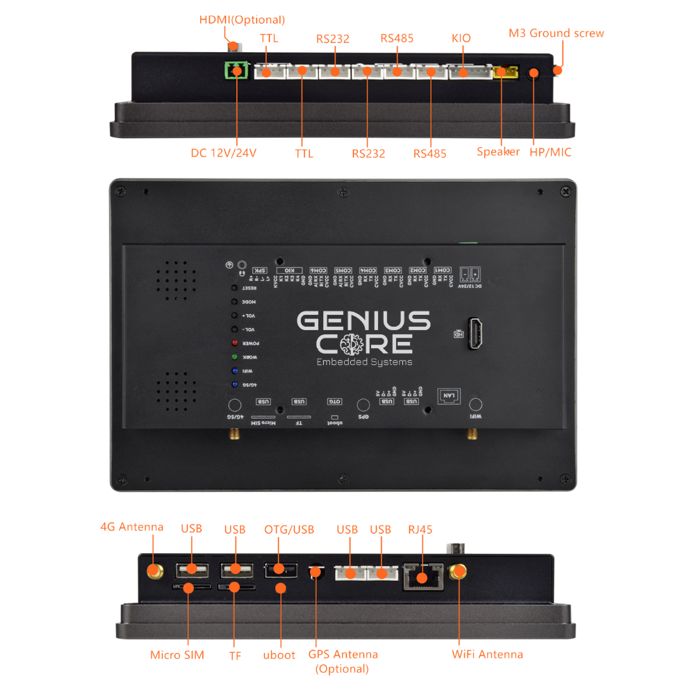 10.1" inch RK3568 2x INT SPK All in One HMI Android Panel PC, ControlHUB Series, IPS, ABS Frame