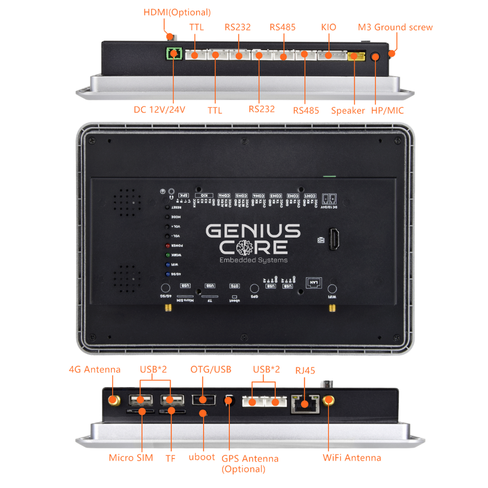 10.1" inch RK3568 2x INT SPK All in One HMI Android Panel PC, ControlHUB Series, IPS, ABS Larger Frame