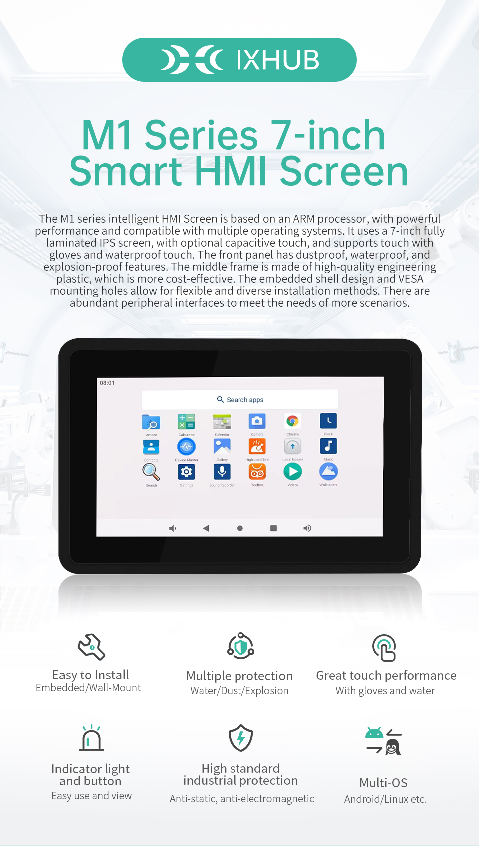 7" inch RK3568 All in One HMI Android Panel PC, ControlHUB Series, IPS, ABS Frame